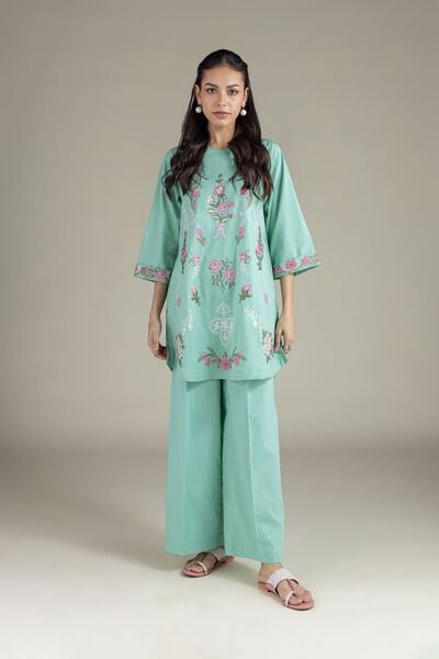 Embroidered | Textured Cambric | Relaxed Solid Pants | AED 100.00
