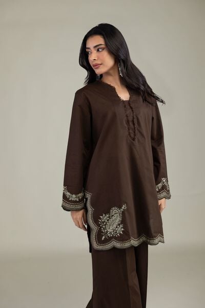 Embroidered | Cambric | Short Brown Kurta | AED 180.00