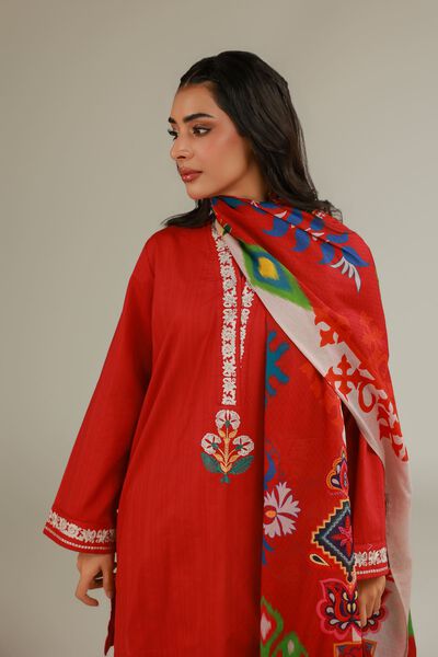 Embroidered | Cotton Dobby | Red Floral Kurta | AED 130.00