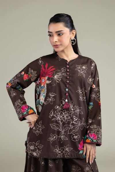 Printed | Cotton Dobby | Floral Brown Kurta | AED 150.00