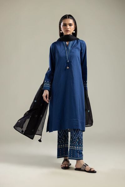 Embroidered |Cotton Dobby | Geometric Blue Pants | AED 130.00