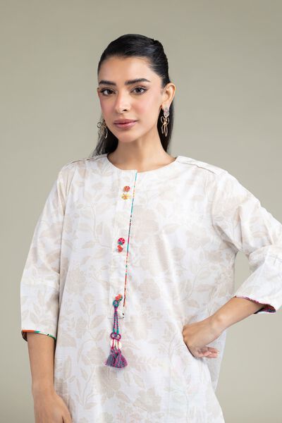 Printed | Cotton Dobby | White Longline Kurta | AED 50.00