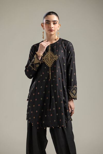 Raw Silk | Short Black Kurta | AED 100.00