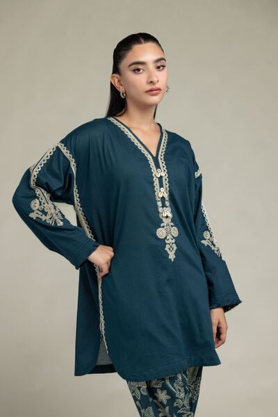 Embroidered | Cambric | Floral V-Neck Kurta | AED 200.00