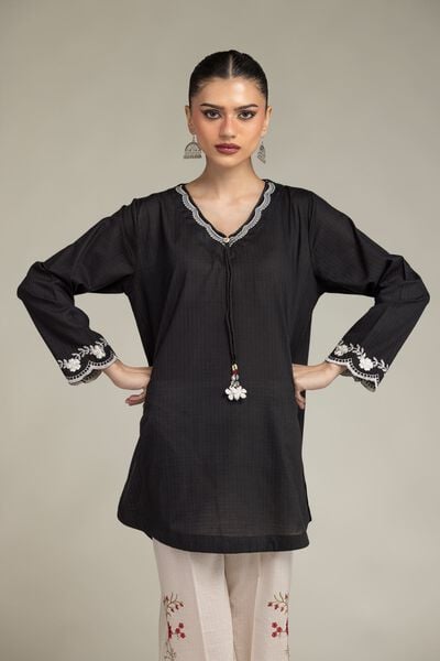 Embroidered | Cotton Dobby | Black V-Neck Kurta | AED 130.00
