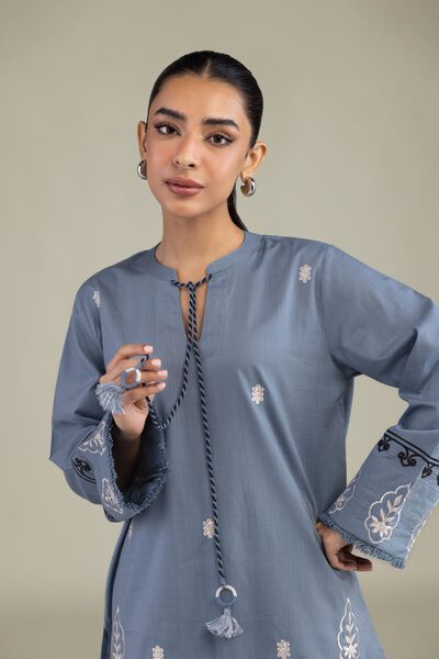 Textured Cotton | Embroidered | Blue Cotton Kurta | AED 180.00