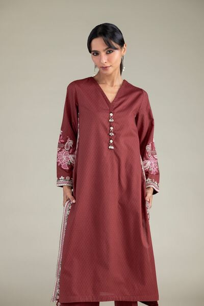 Embroidered | Cotton Dobby | Maroon V-Neck Kurta | AED 60.00