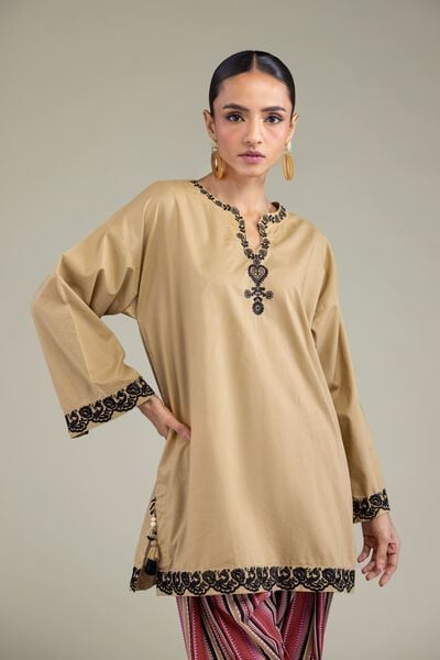 Embroidered | Cambric | Beige Cambric Kurta | AED 180.00