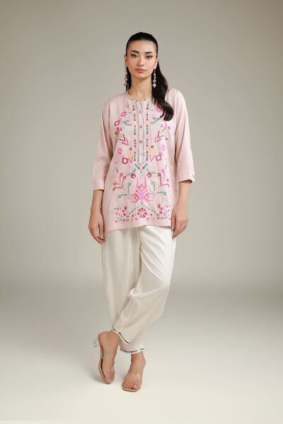 Embroidered | Viscose Crepe | White Viscose Trousers | AED 50.00