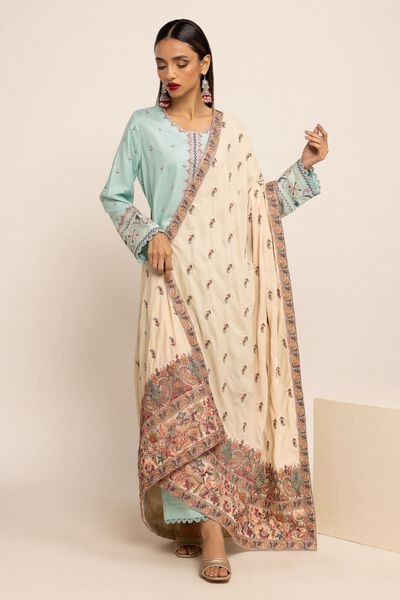Shawl | Embroidered, BEIGE, hi-res