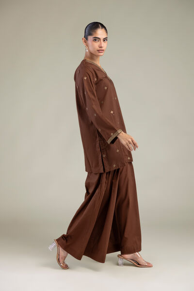 Embroidered | Cambric | Brown Solid Pants | AED 130.00
