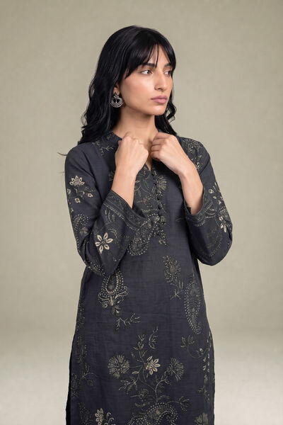 Printed | Light Khaddar | Black V-Neck Kurta | AED 180.00