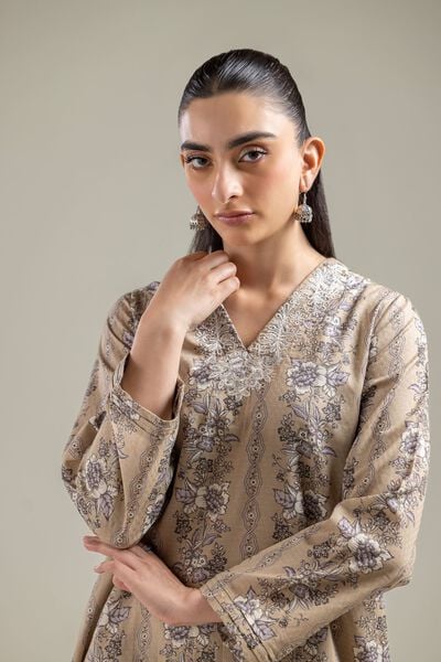 Embroidered | Cotton Dobby | Beige V-Neck Kurta | AED 130.00
