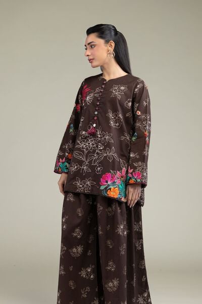 Printed | Cotton Dobby | Floral Brown Kurta | AED 150.00