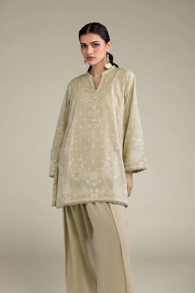 Printed | Cambric | Beige Band-Collar Kurta | AED 150.00