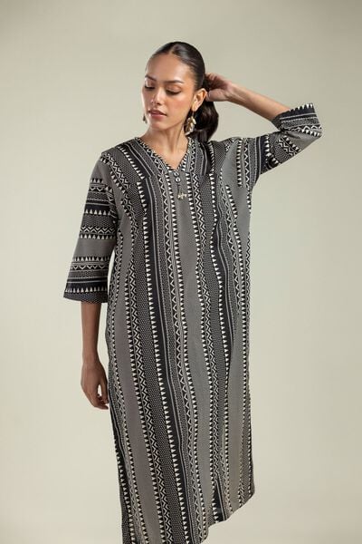 Printed | Cambric | Black V-Neck Kurta | AED 150.00