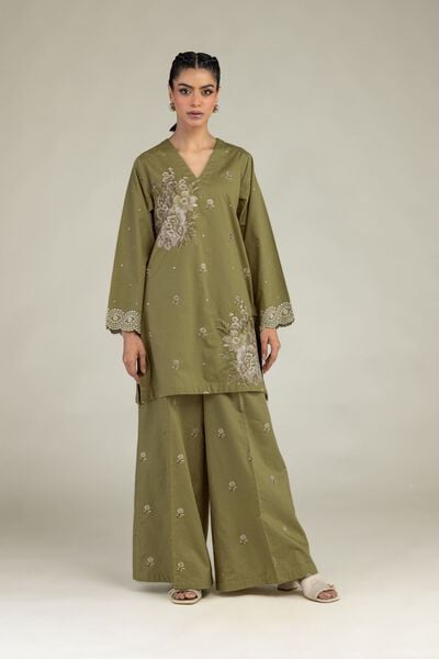 Embroidered | Cotton Dobby | Floral Olive Pants | AED 130.00