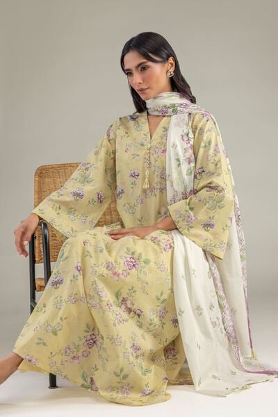 Printed | Cambric | Yellow V-Neck Kurta | AED 150.00