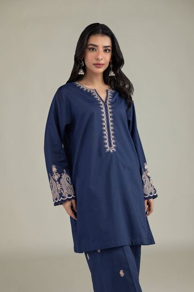 Embroidered | Cambric | Navy V-Neck Kurta | AED 130.00