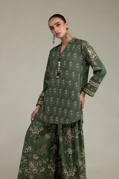 Printed | Cambric | Short Green Kurta | AED 75.00