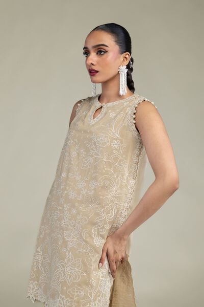 Embroidered | Raw Silk | Beige Sleeveless Kurta | AED 165.00