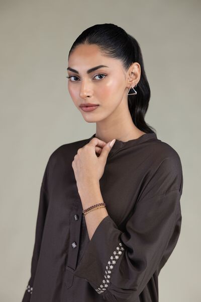 Embroidered | Viscose Crepe | Brown Viscose Shirt | AED 130.00
