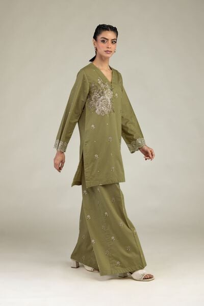 Embroidered | Cotton Dobby | Floral Olive Pants | AED 130.00
