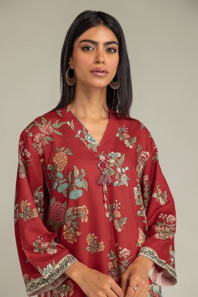 Printed | Raw Silk | Floral Red Kurta | AED 180.00