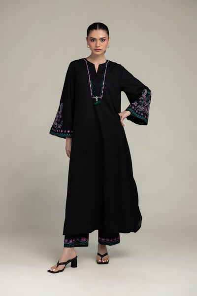 Embroidered | Cambric | Black Floral Pants | AED 130.00