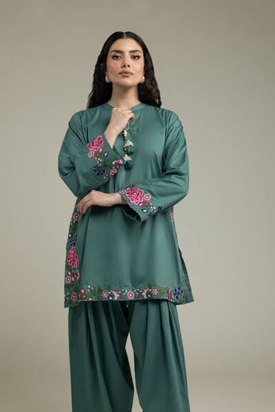 Embroidered | Cambric | Teal Floral Kurta | AED 150.00