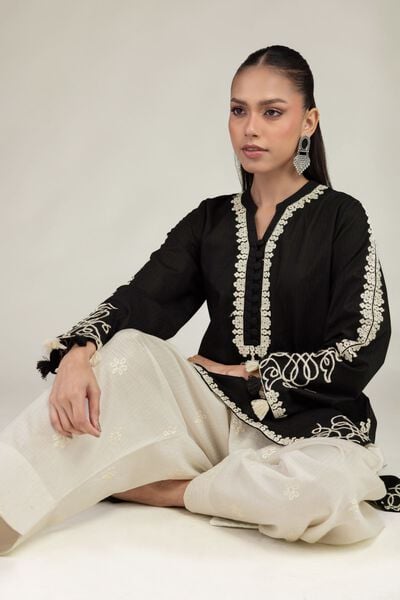 Embroidered | Cotton Dobby | Black Floral Kurta | AED 150.00