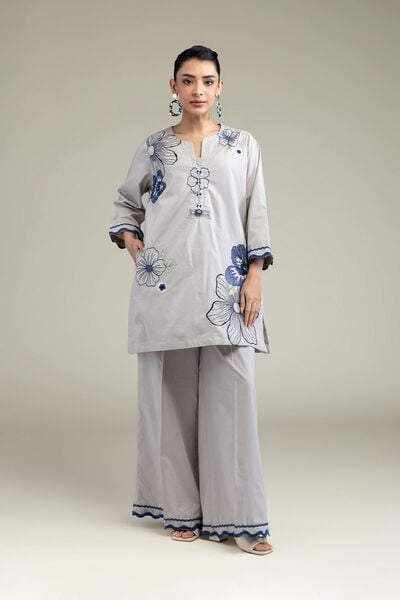 Embroidered | Cotton Dobby | Gray Solid Pants | AED 80.00