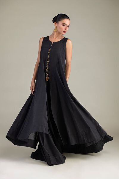 Dyed | Textured Raw Silk | Black Sleeveless Kurta | AED 230.00