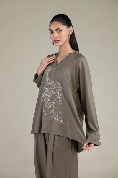 Embroidered | Viscose Crepe | Olive V-Neck Tunic | AED 130.00