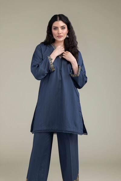Embroidered | Cotton Dobby | Navy V-Neck Kurta | AED 130.00