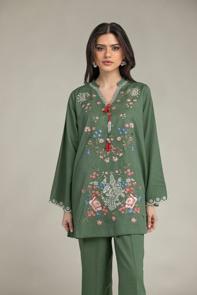 Embroidered | Cotton Dobby | Short Green Kurta | AED 130.00