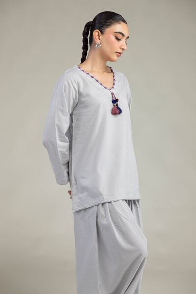 Embroidered | Textured Cotton Viscose | Gray Cotton Kurta | AED 150.00