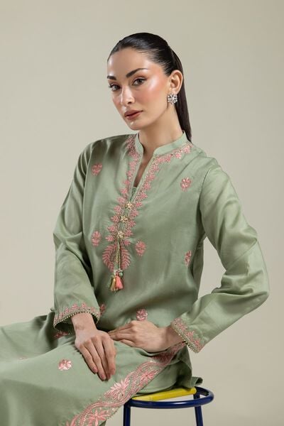 Embroidered | Textured Weave | Long Mint Kurta | AED 150.00