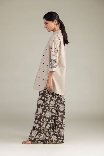 Embroidered | Cotton Dobby | Floral Brown Pants | AED 130.00