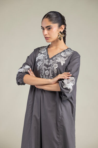 Embroidered | Cambric | Gray V-neck Kurta | AED 180.00