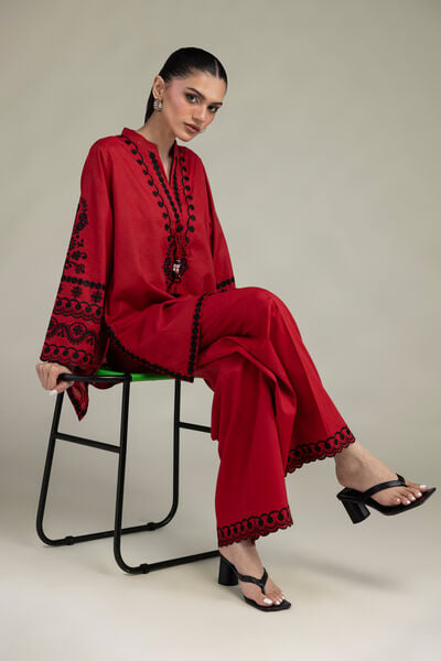 Embroidered | Cambric | Red Cambric Kurta | AED 230.00
