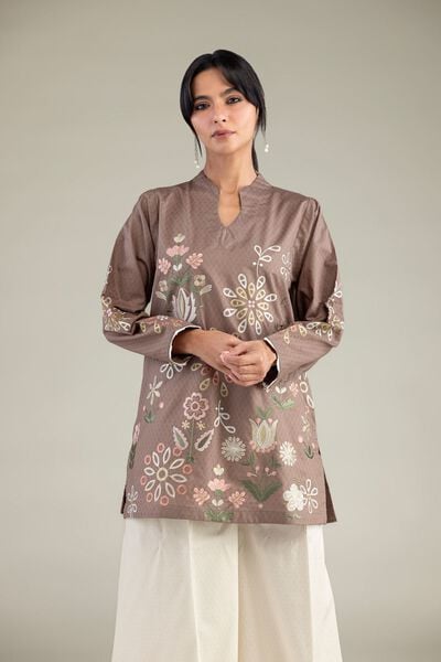 Embroidered | Cotton Dobby | Brown V-Neck Kurta | AED 200.00