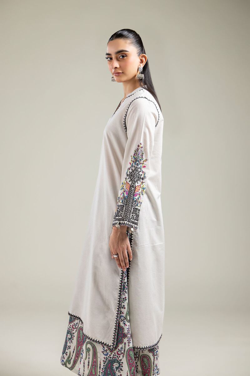 Embroidered | Mesuri | Off-White Longline Kurta | AED 180.00