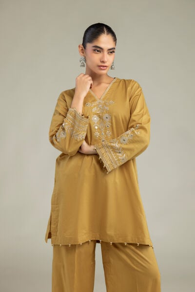 Embroidered | Cambric | Short Mustard Kurta | AED 180.00