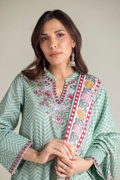 Embroidered | Textured Lawn | Floral Mint Dupatta | AED 80.00