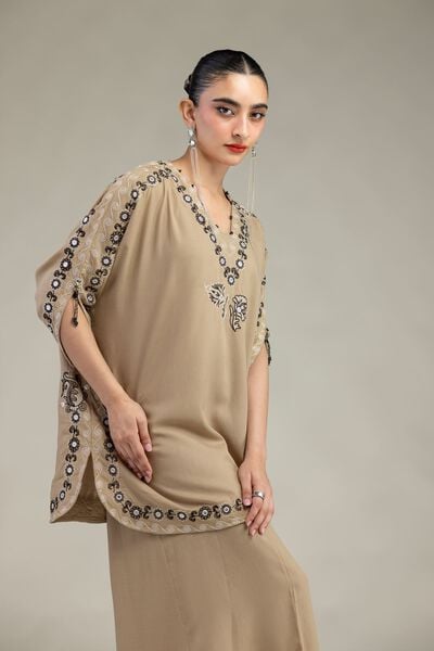Embroidered | Raw Silk | Beige Silk Kurta | AED 69.00