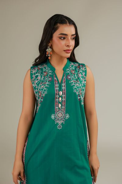 Embroidered | Cotton Dobby | Green Sleeveless Kurta | AED 150.00