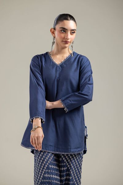 Raw Silk | Navy V-Neck Kurta | AED 90.00