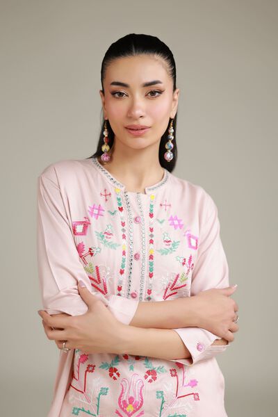 Embroidered | Viscose Crepe | Pink Buttoned Shirt | AED 75.00