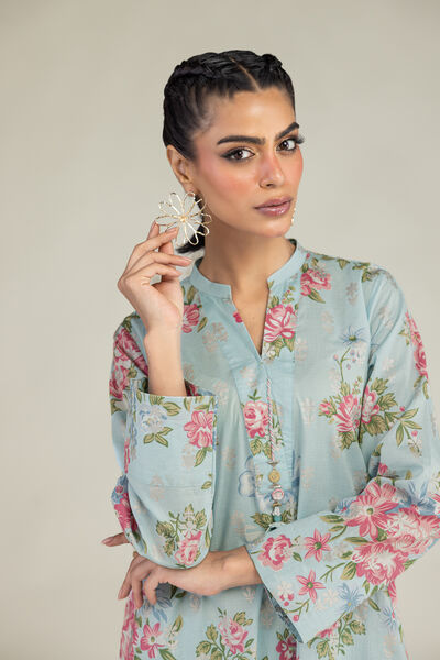 Printed | Cambric | Blue Floral Kurta | AED 150.00
